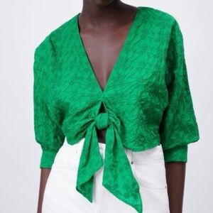 Zara Embroidered Tie-Front Crop Top Deep V-Neck Green Medium Resort Tropical